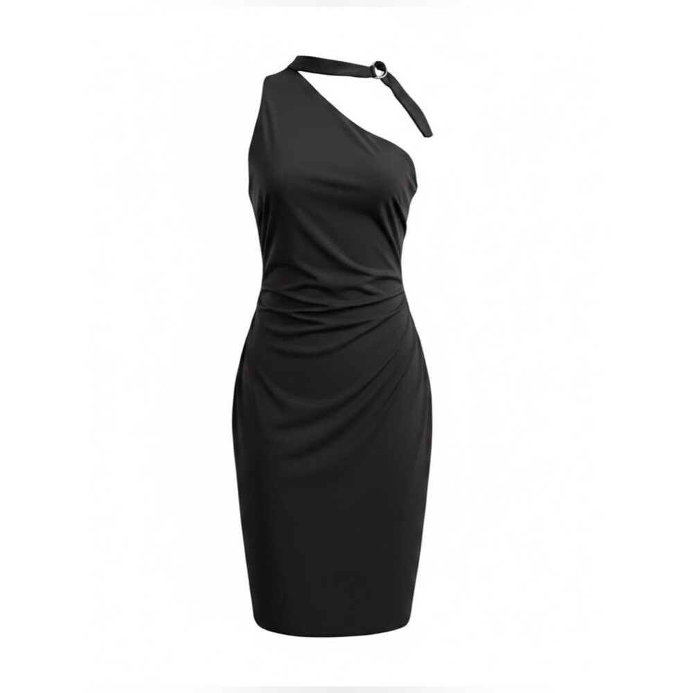 Calvin Klein Black One‑Shoulder Dress – Neck Buckle Detail, Lined – Size 4 NWT